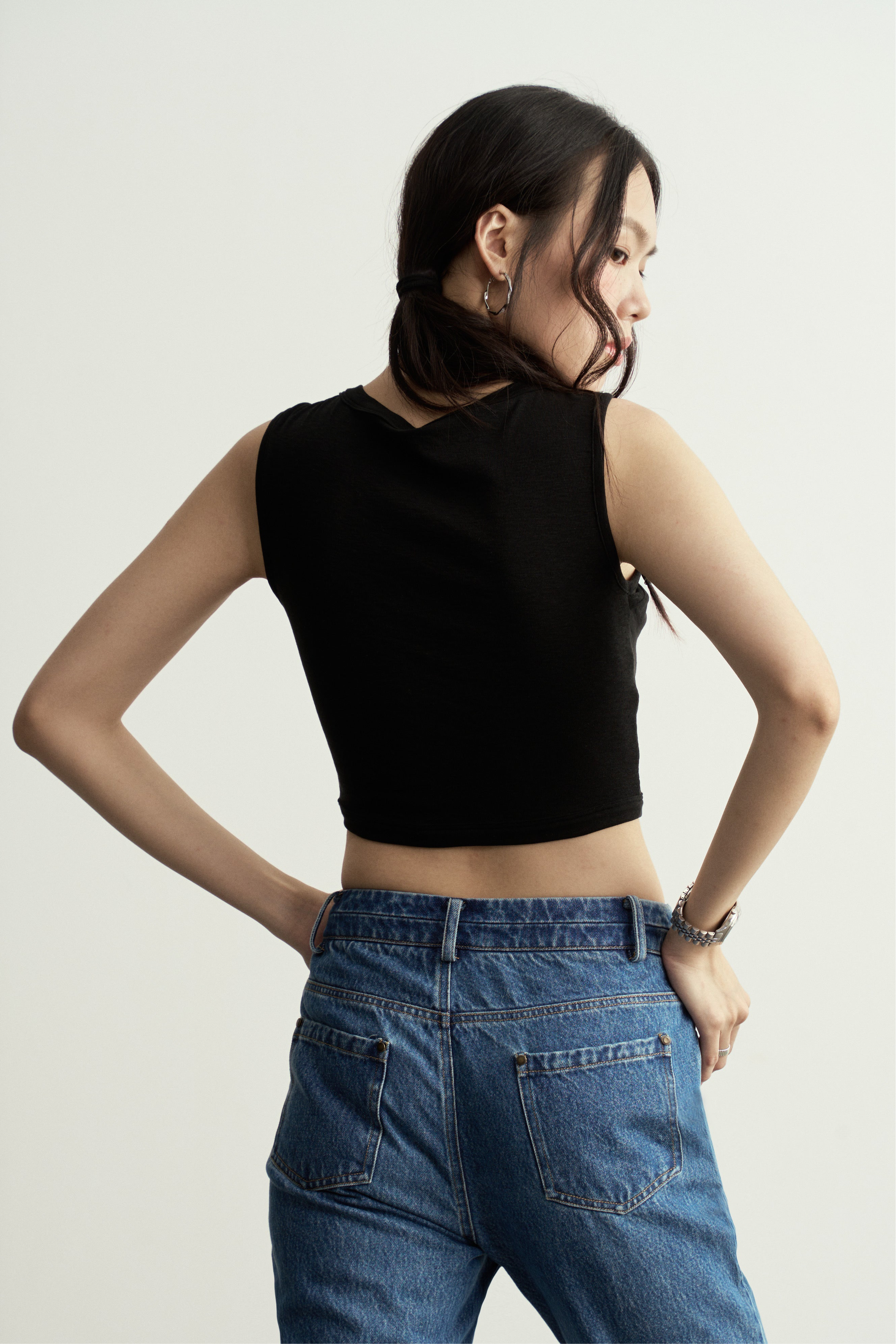 Black Double-Layer Cotton Crop Top/黑色雙層棉質吊帶背心