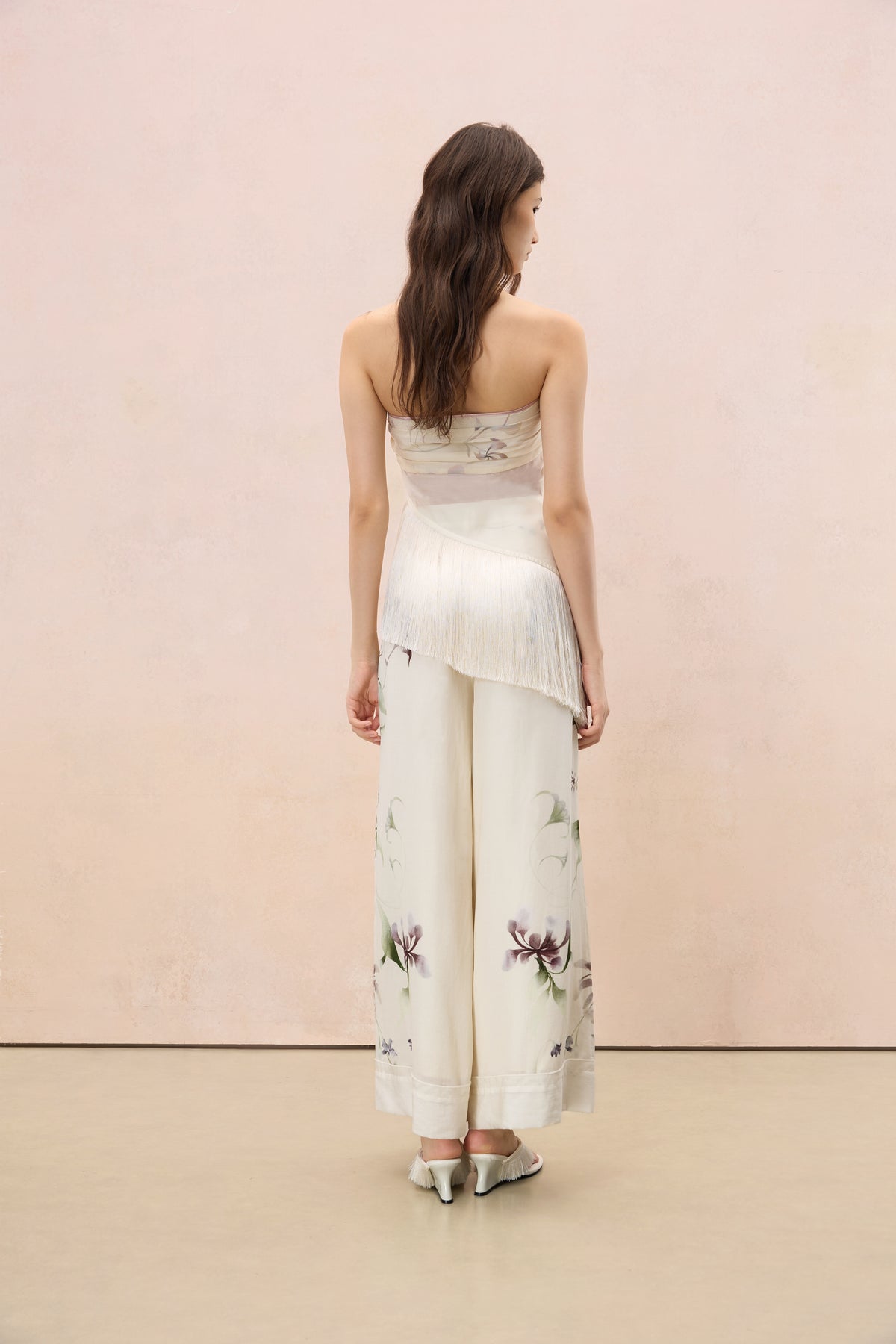 FLORAL PRINTED FRINGE STRAPLESS TOP