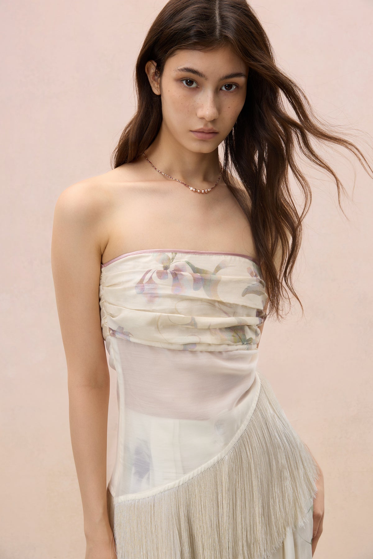 FLORAL PRINTED FRINGE STRAPLESS TOP