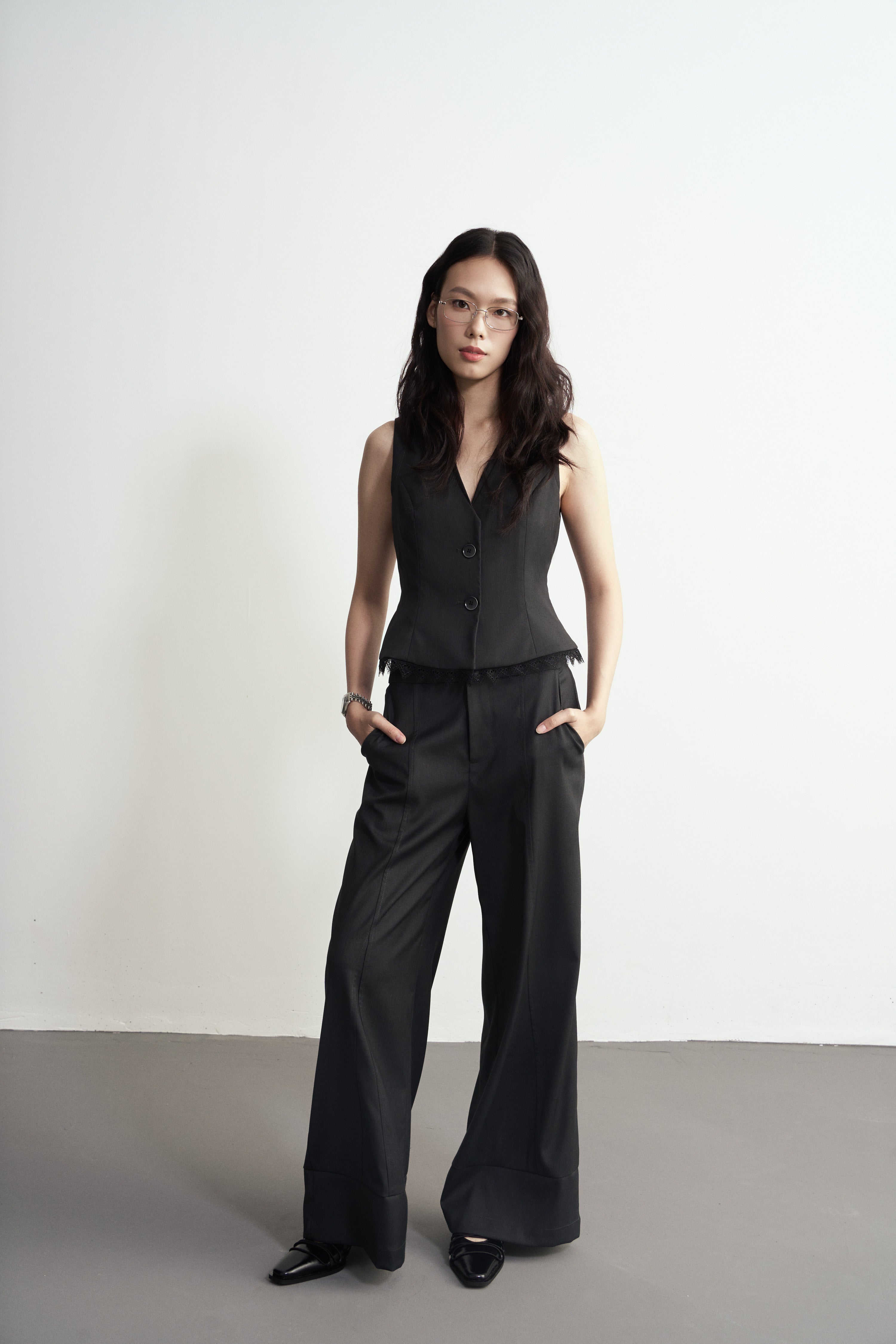 High-Waist Double Button Wide-Leg Trousers/高腰雙鈕闊腳西裝褲￼