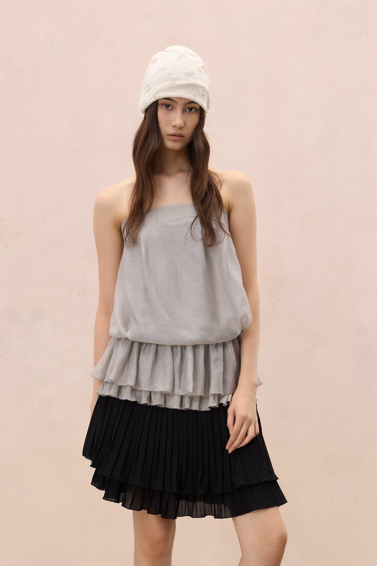 SATIN YOKE PLEATED MINI SKIRT