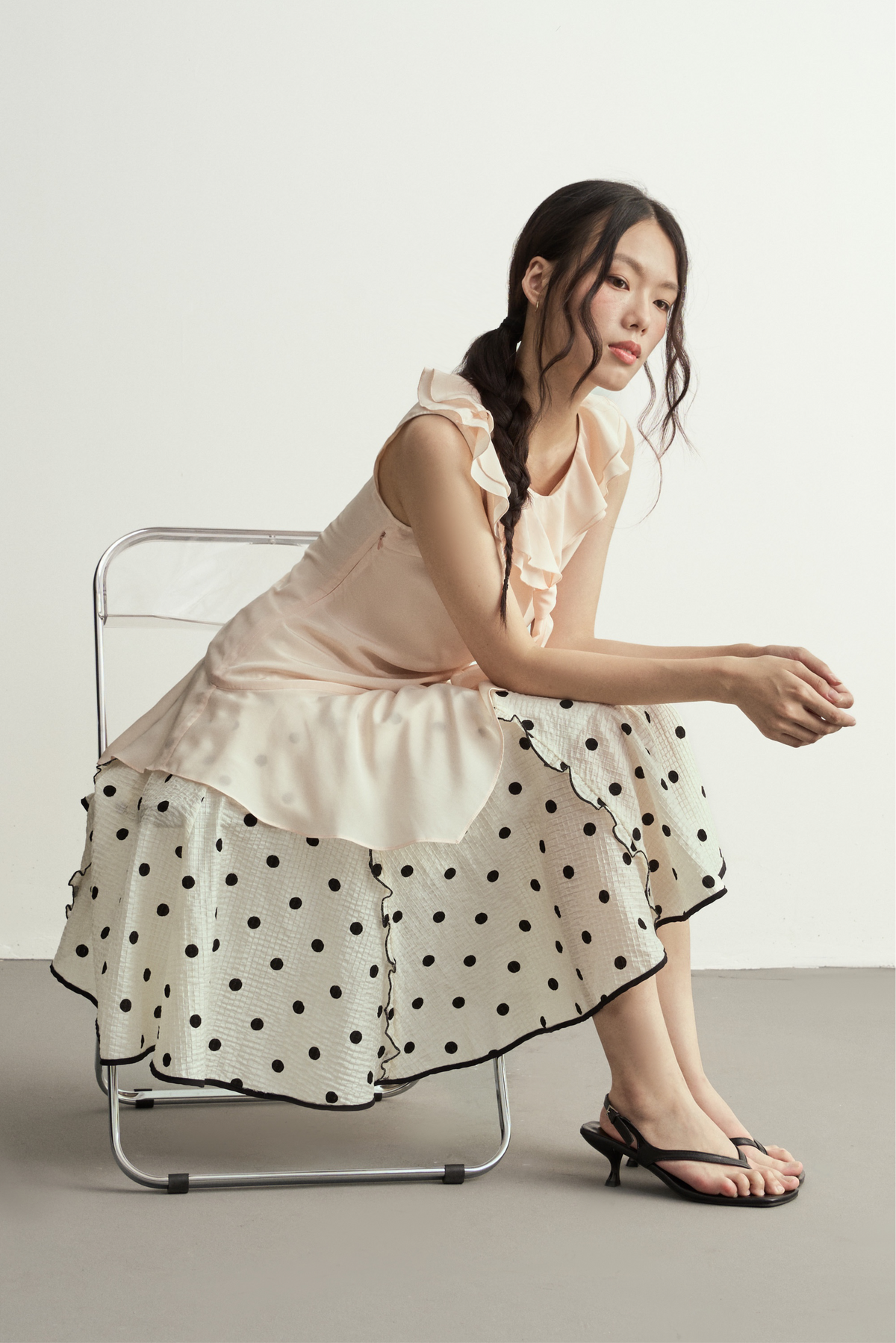 SHEER PINK RUFFLE ASYMMETRICAL SLEEVELESS TOP