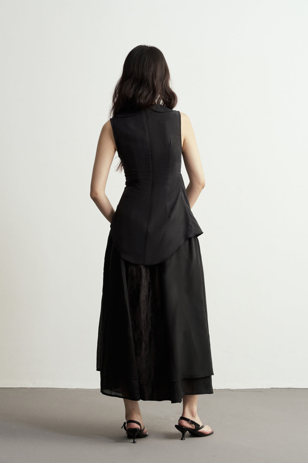 Black Jacquard Flared Skirt With Sheer Panels/黑色透紗拼接暗紋傘裙