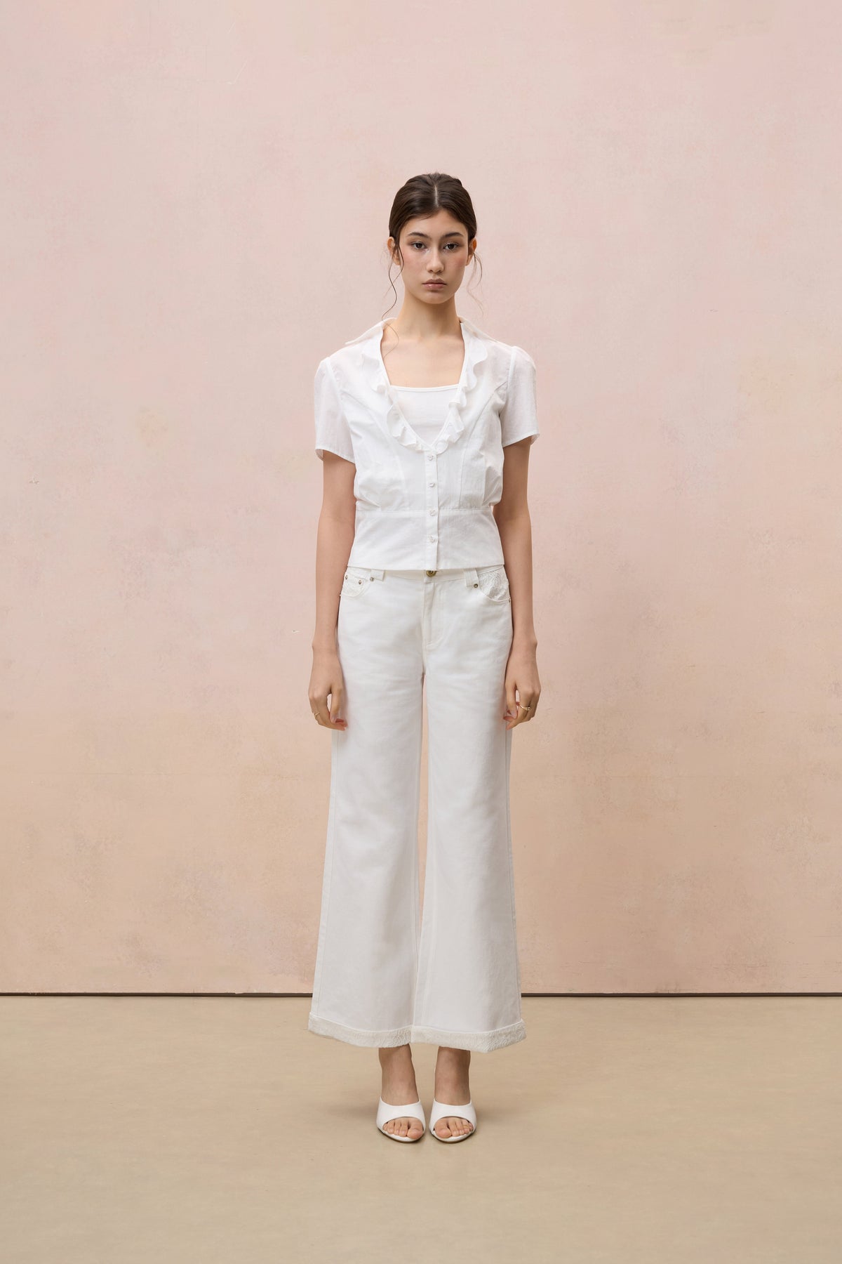 WHITE LACE-TRIMMED STRAIGHT-LEG DENIM TROUSERS