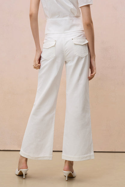 WHITE LACE-TRIMMED STRAIGHT-LEG DENIM TROUSERS