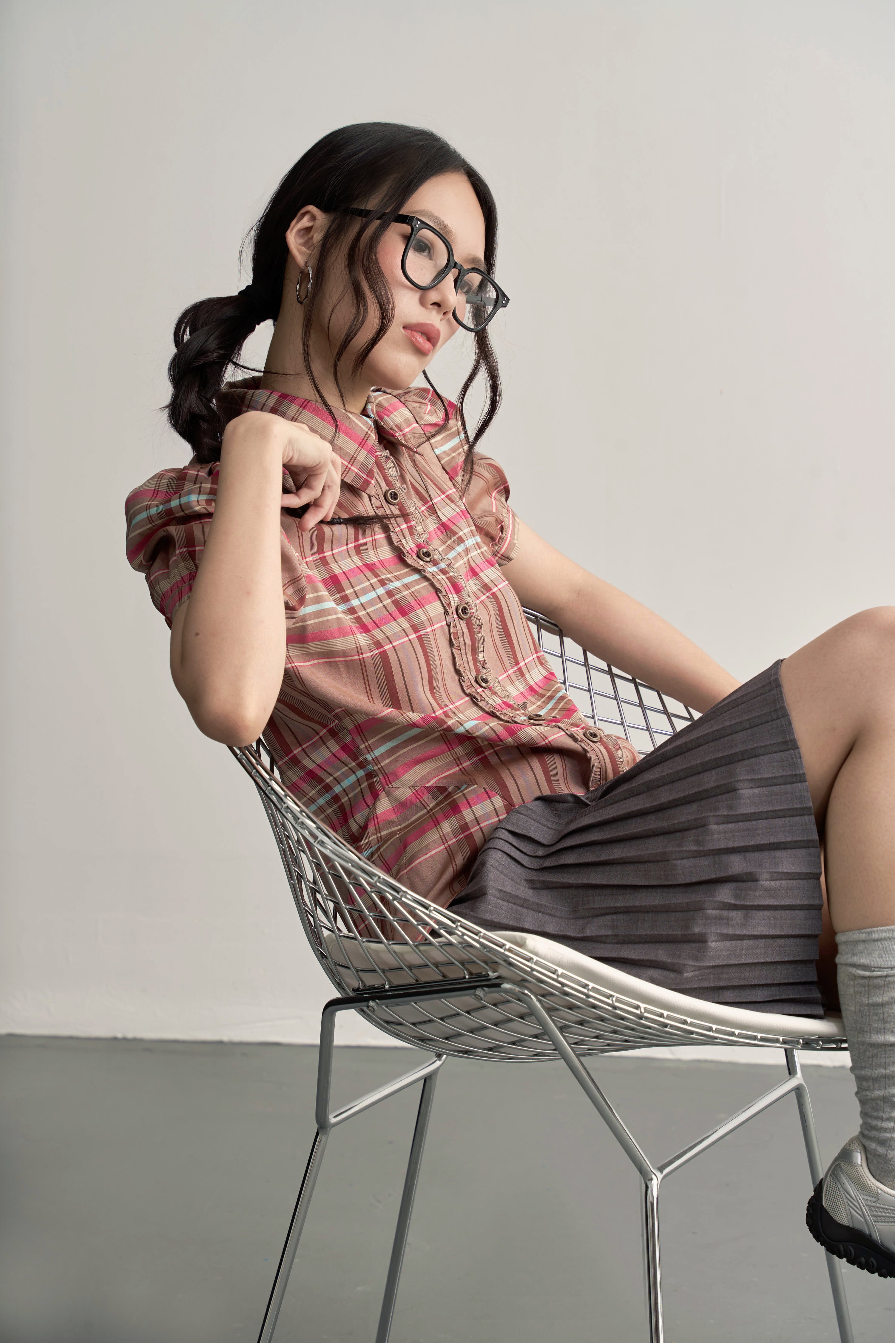 Vintage Dusty Pink Check Puff-Sleeve Shirt/復古粽粉格子條紋泡泡袖短恤衫