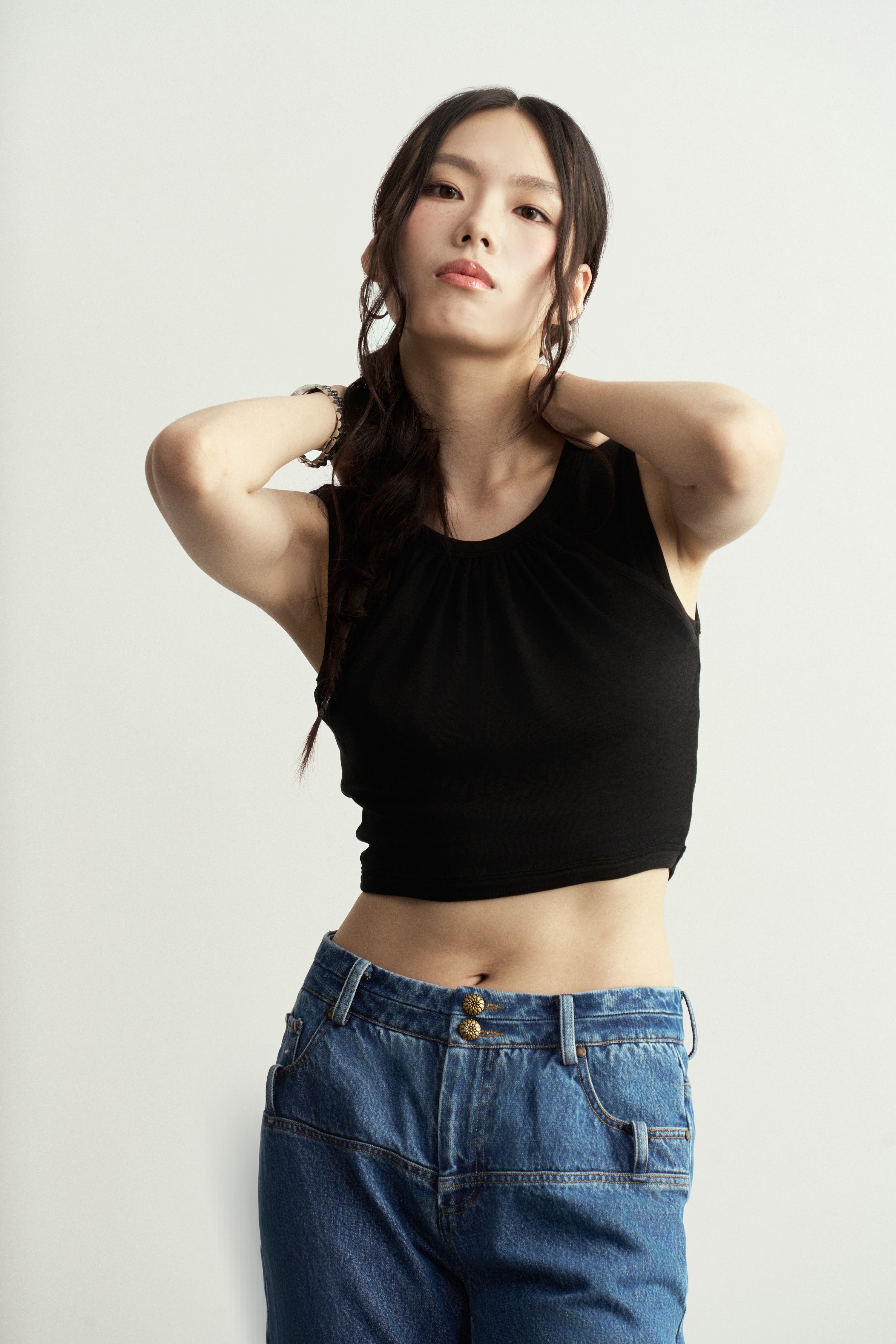 Black Double-Layer Cotton Crop Top/黑色雙層棉質吊帶背心
