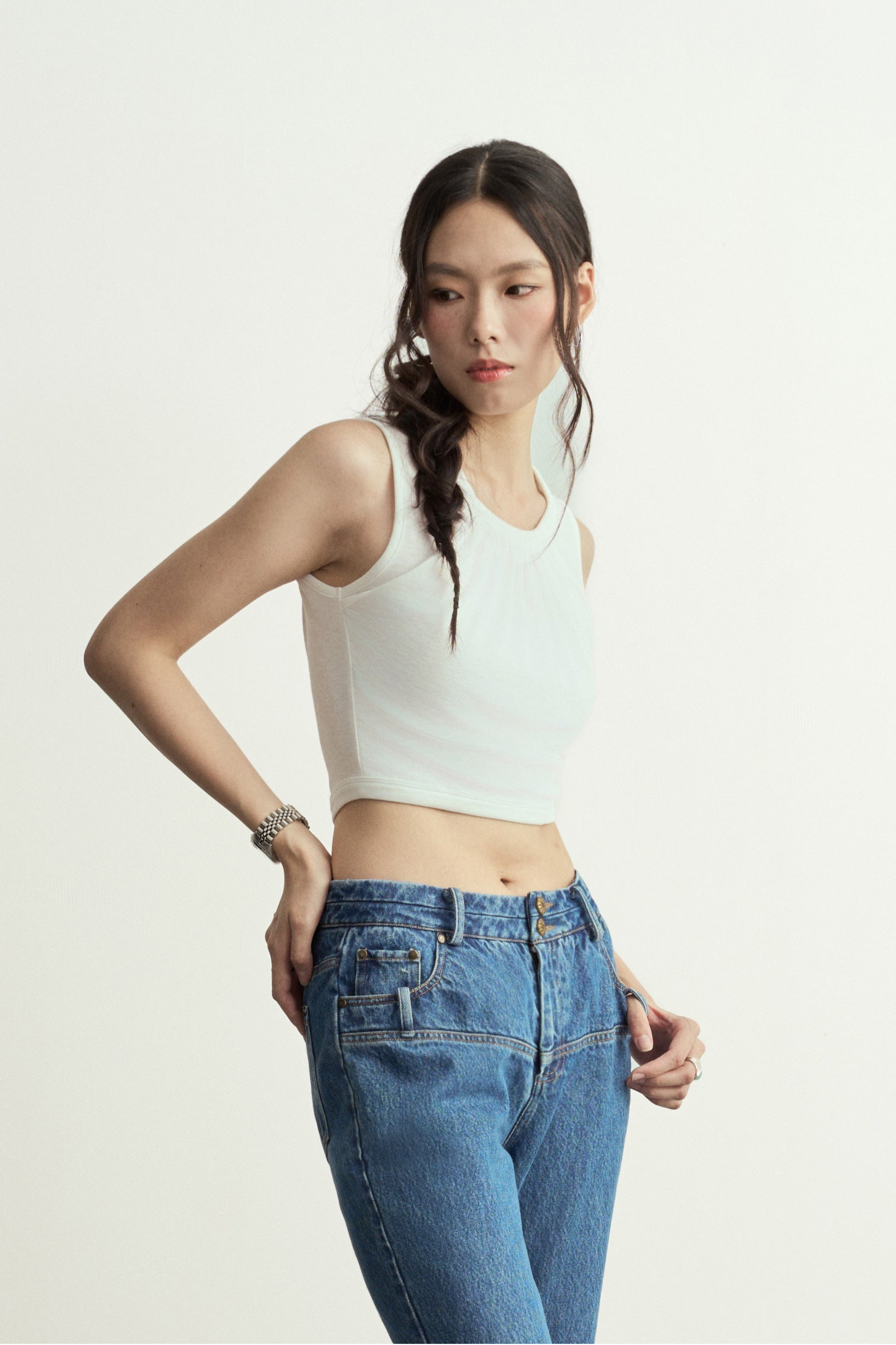 White Double-Layer Cotton Crop Top/白色雙層棉質吊帶背心