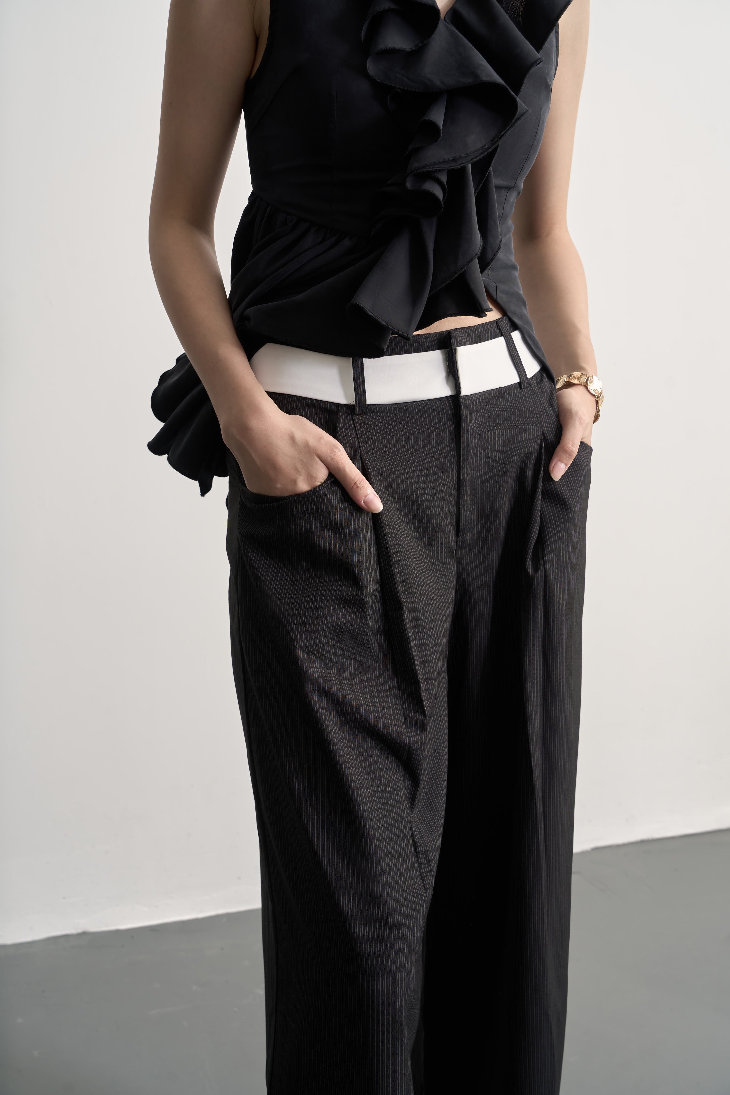 Black and White Striped Wide-Leg Trousers/黑白拼色間條直筒闊腳西裝褲￼