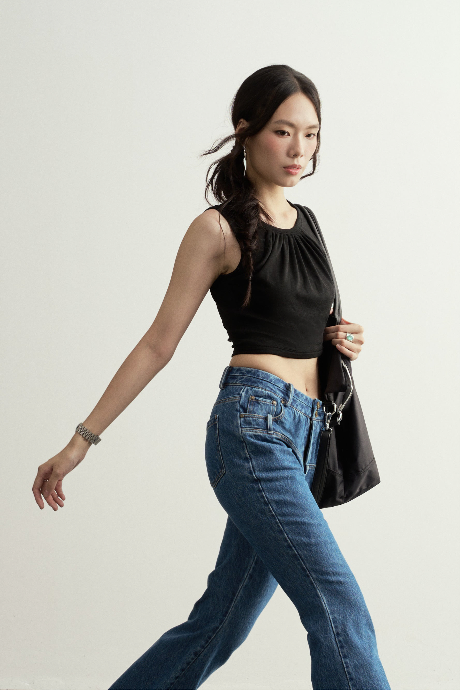 Black Double-Layer Cotton Crop Top/黑色雙層棉質吊帶背心