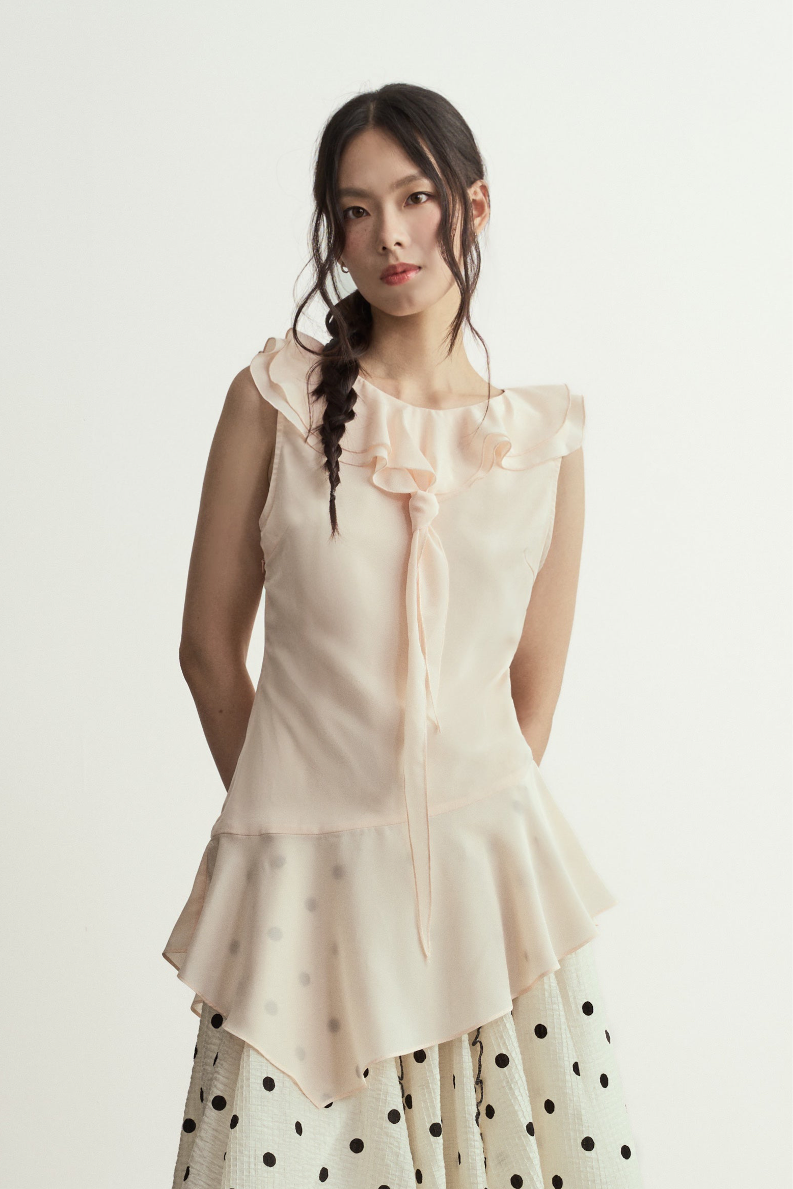 Sheer Pink Ruffle Asymmetrical Sleeveless Top/透粉雙層荷葉邊不對稱長版背心