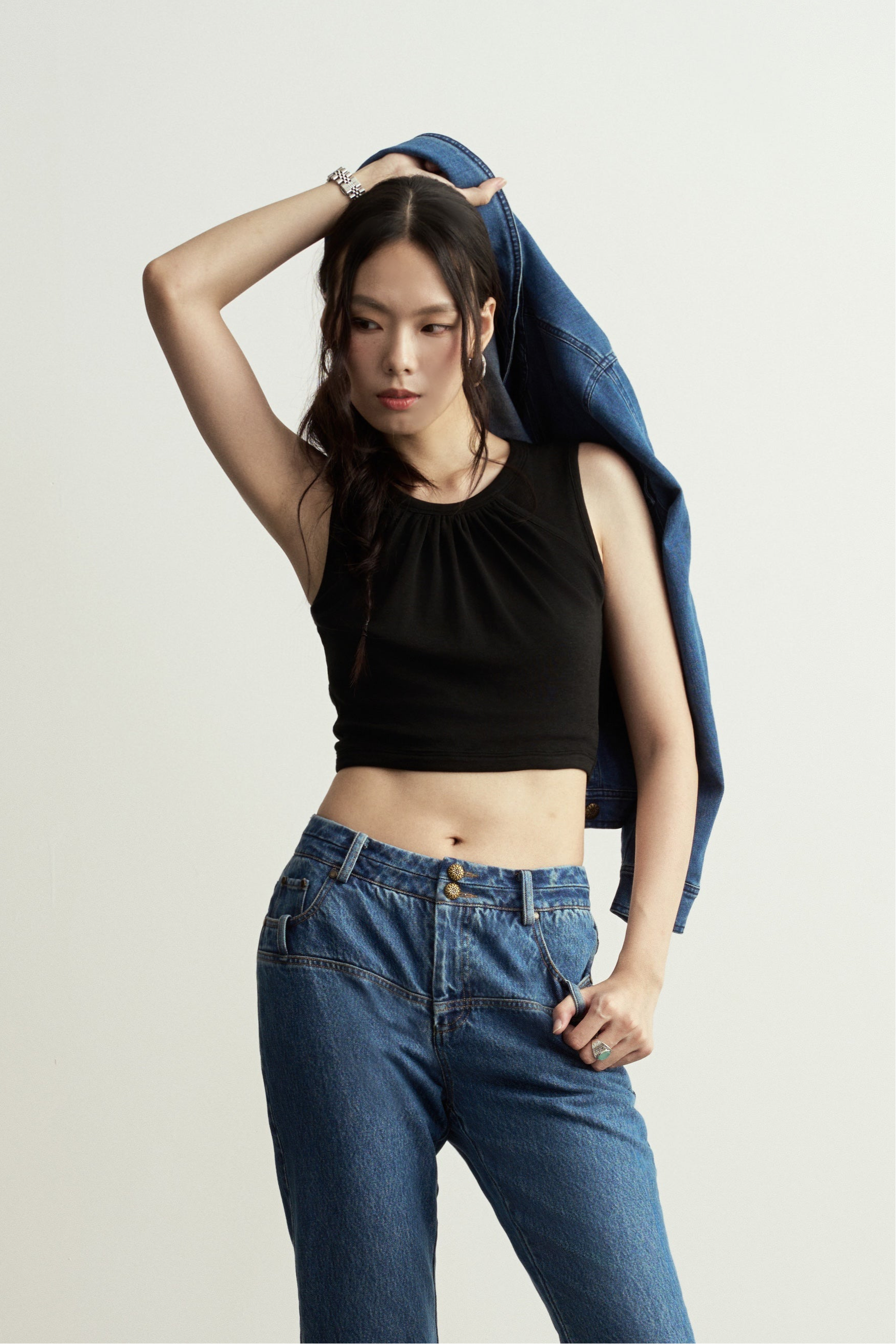 Black Double-Layer Cotton Crop Top/黑色雙層棉質吊帶背心