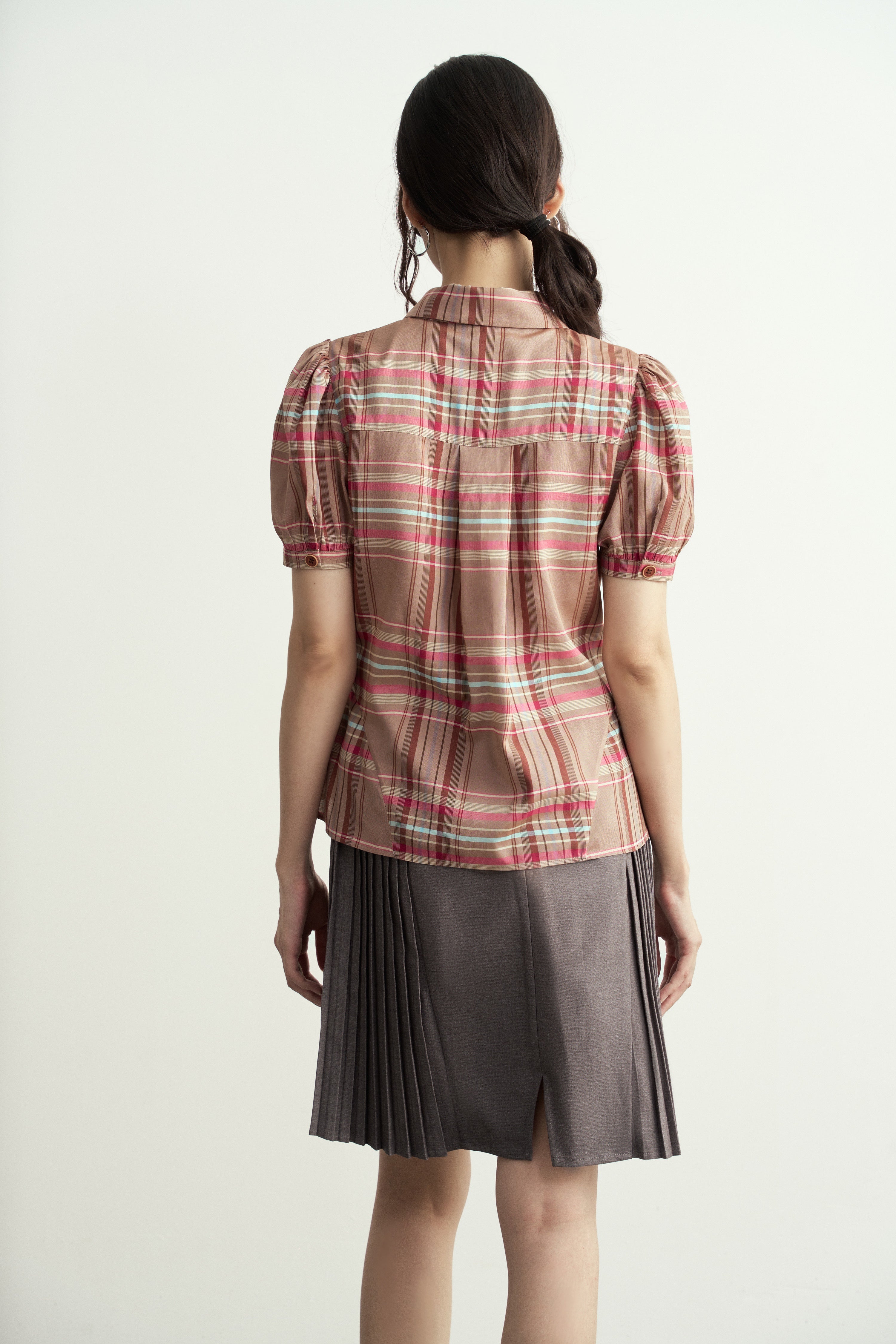 Vintage Dusty Pink Check Puff-Sleeve Shirt/復古粽粉格子條紋泡泡袖短恤衫