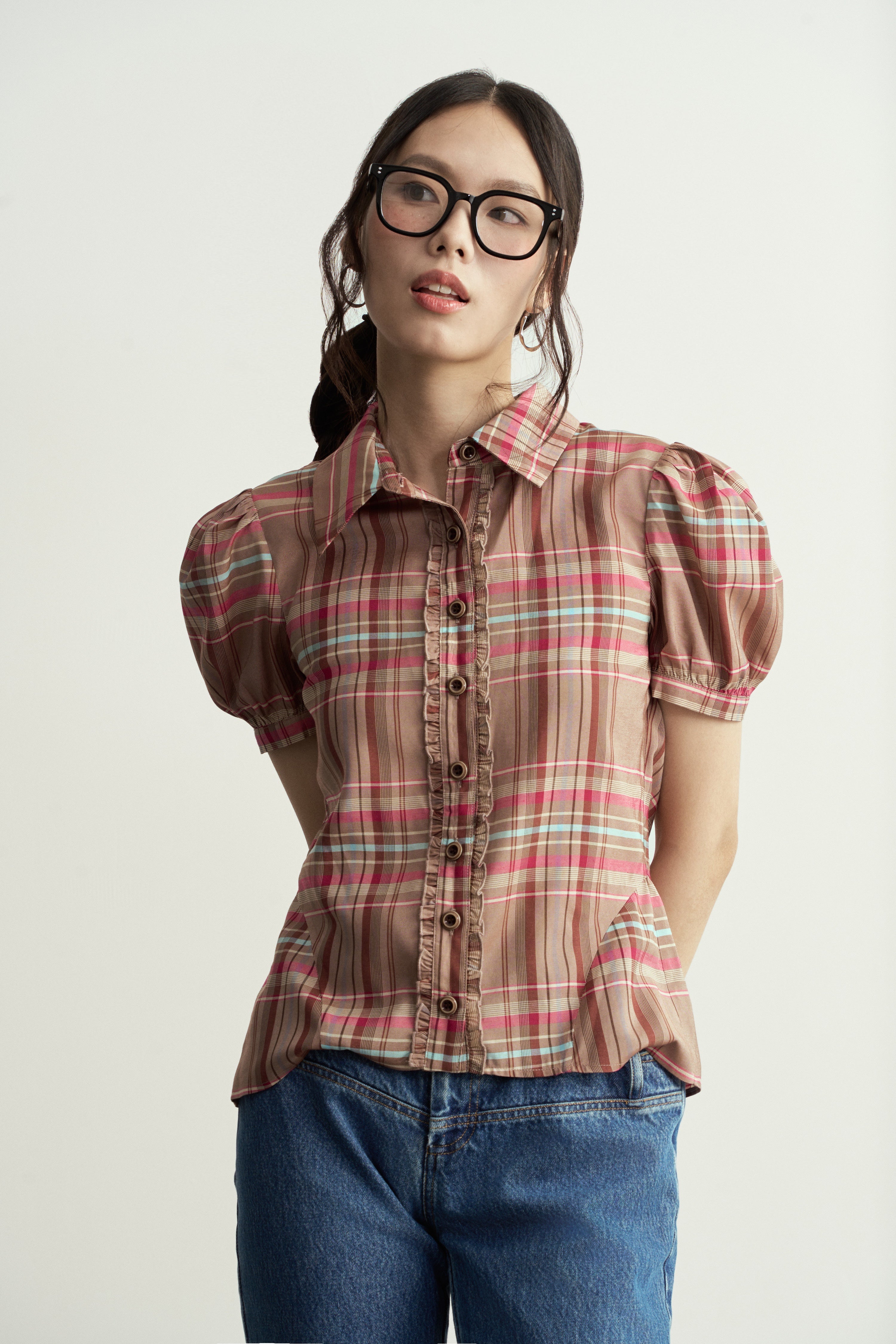 Vintage Dusty Pink Check Puff-Sleeve Shirt/復古粽粉格子條紋泡泡袖短恤衫